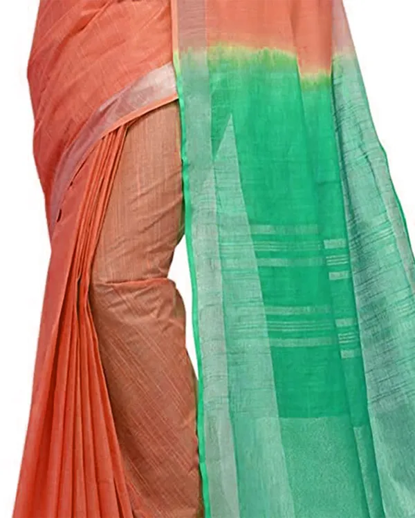 Tangelo_Orange_&_Aquamarine_Turquoise_women's_Bhagalpuri_Handloom_Linen_Slub_Blend_Two_Dye_Saree_With_Running_Unstitched_Blouse_Piece