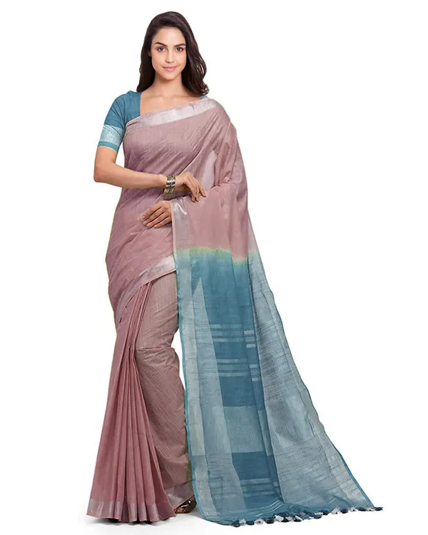 Tumbleweed_Tan_&_Cerulean_Blue_women's_Bhagalpuri_Handloom_Linen_Slub_Blend_Two_Dye_Saree_With_Running_Unstitched_Blouse_Piece