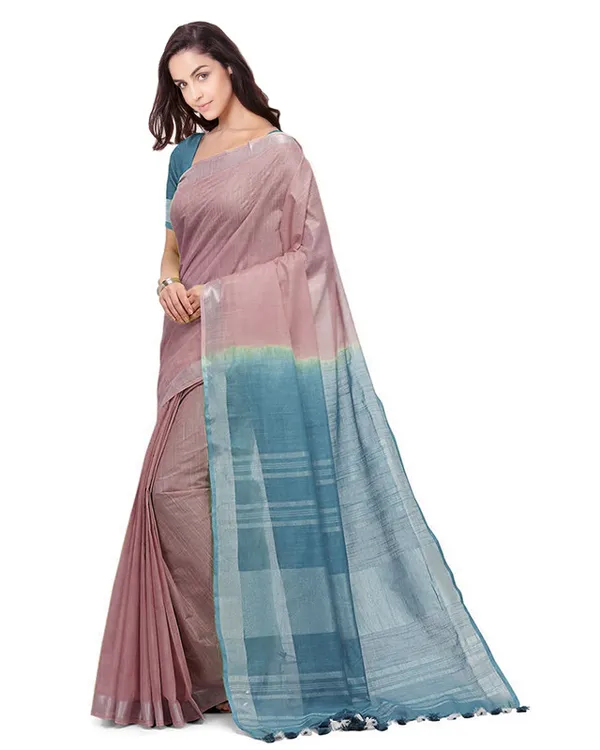 Tumbleweed_Tan_&_Cerulean_Blue_women's_Bhagalpuri_Handloom_Linen_Slub_Blend_Two_Dye_Saree_With_Running_Unstitched_Blouse_Piece