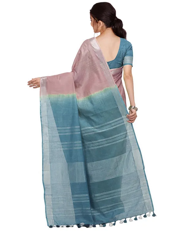 Tumbleweed_Tan_&_Cerulean_Blue_women's_Bhagalpuri_Handloom_Linen_Slub_Blend_Two_Dye_Saree_With_Running_Unstitched_Blouse_Piece