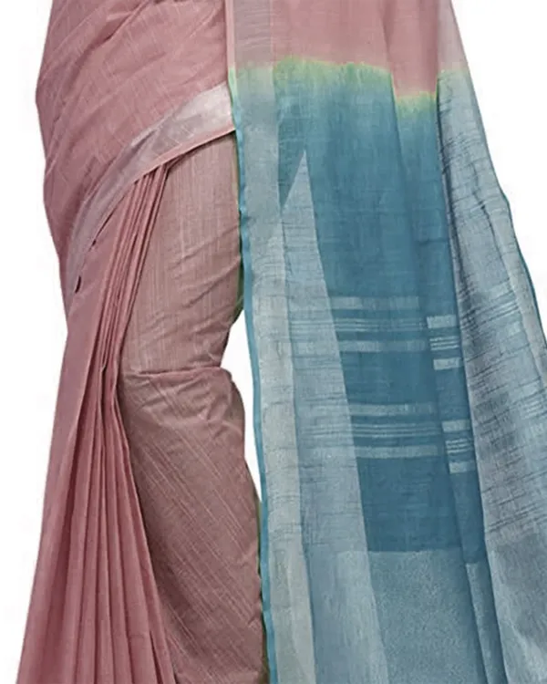 Tumbleweed_Tan_&_Cerulean_Blue_women's_Bhagalpuri_Handloom_Linen_Slub_Blend_Two_Dye_Saree_With_Running_Unstitched_Blouse_Piece