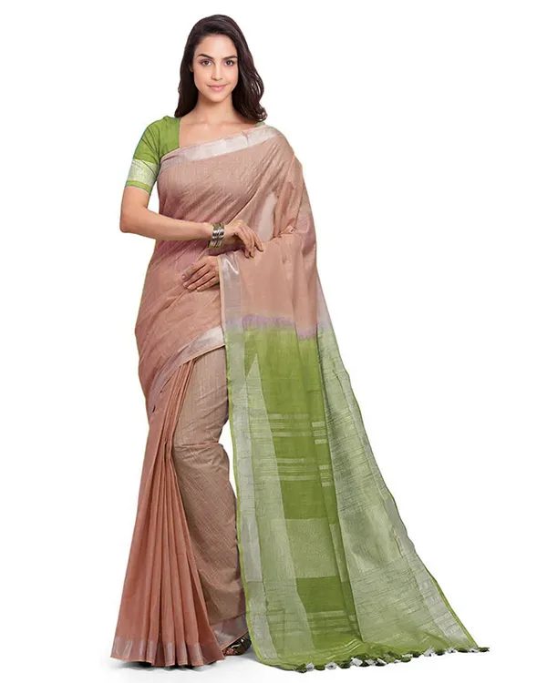 Whiskey_Tan_&_Moss_Green_women's_Bhagalpuri_Handloom_Linen_Slub_Blend_Two_Dye_Saree_With_Running_Unstitched_Blouse_Piece