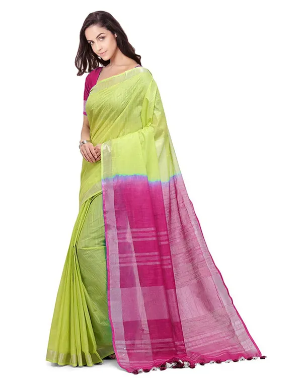 Chartreuse_Green_&_Raspberry_Pink_women's_Bhagalpuri_Handloom_Pure_Cotton_Two_Dye_Saree_With_Running_Unstitched_Blouse_Piece
