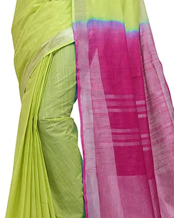 Chartreuse_Green_&_Raspberry_Pink_women's_Bhagalpuri_Handloom_Pure_Cotton_Two_Dye_Saree_With_Running_Unstitched_Blouse_Piece