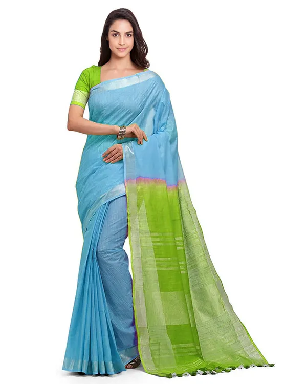 Cyan_&_Apple_Green_women's_Bhagalpuri_Handloom_Pure_Cotton_Two_Dye_Saree_With_Running_Unstitched_Blouse_Piece