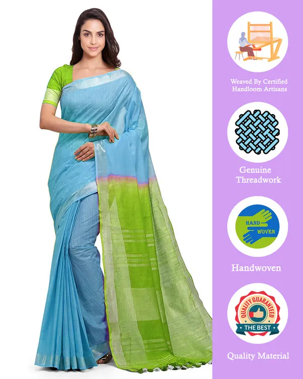 Cyan_&_Apple_Green_women's_Bhagalpuri_Handloom_Pure_Cotton_Two_Dye_Saree_With_Running_Unstitched_Blouse_Piece