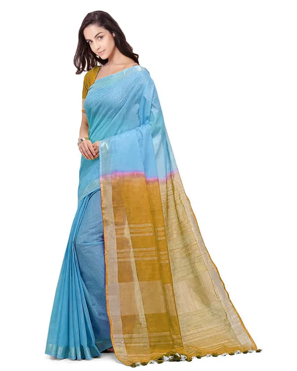 Cyan_&_Golden_Brown_women's_Bhagalpuri_Handloom_Pure_Cotton_Two_Dye_Saree_With_Running_Unstitched_Blouse_Piece