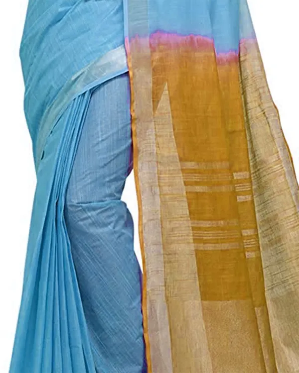 Cyan_&_Golden_Brown_women's_Bhagalpuri_Handloom_Pure_Cotton_Two_Dye_Saree_With_Running_Unstitched_Blouse_Piece