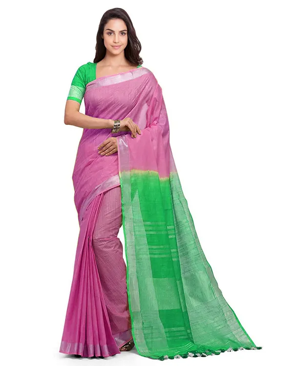 Flamngo_Pink_&_Honerdew_Green_women's_Bhagalpuri_Handloom_Pure_Cotton_Two_Dye_Saree_With_Running_Unstitched_Blouse_Piece