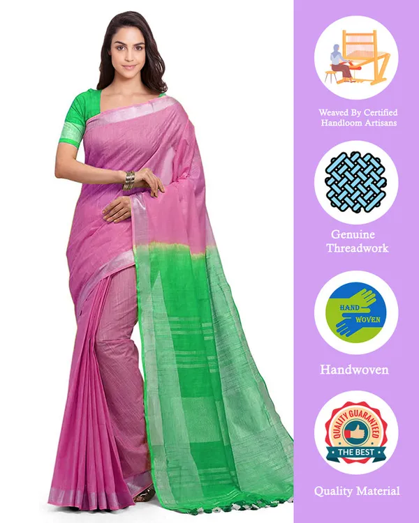 Flamngo_Pink_&_Honerdew_Green_women's_Bhagalpuri_Handloom_Pure_Cotton_Two_Dye_Saree_With_Running_Unstitched_Blouse_Piece