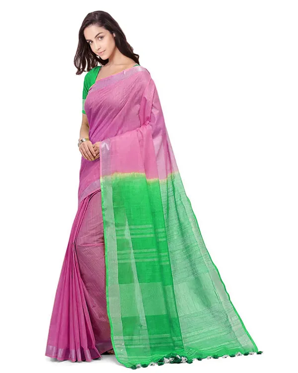 Flamngo_Pink_&_Honerdew_Green_women's_Bhagalpuri_Handloom_Pure_Cotton_Two_Dye_Saree_With_Running_Unstitched_Blouse_Piece