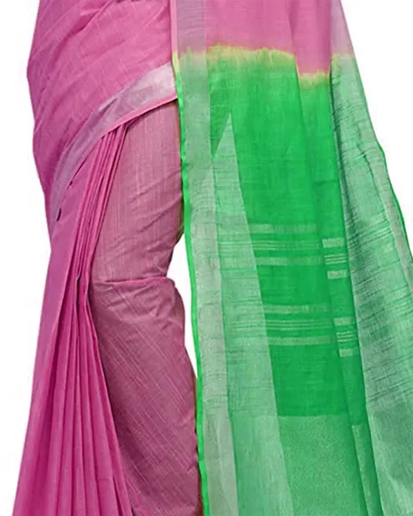 Flamngo_Pink_&_Honerdew_Green_women's_Bhagalpuri_Handloom_Pure_Cotton_Two_Dye_Saree_With_Running_Unstitched_Blouse_Piece