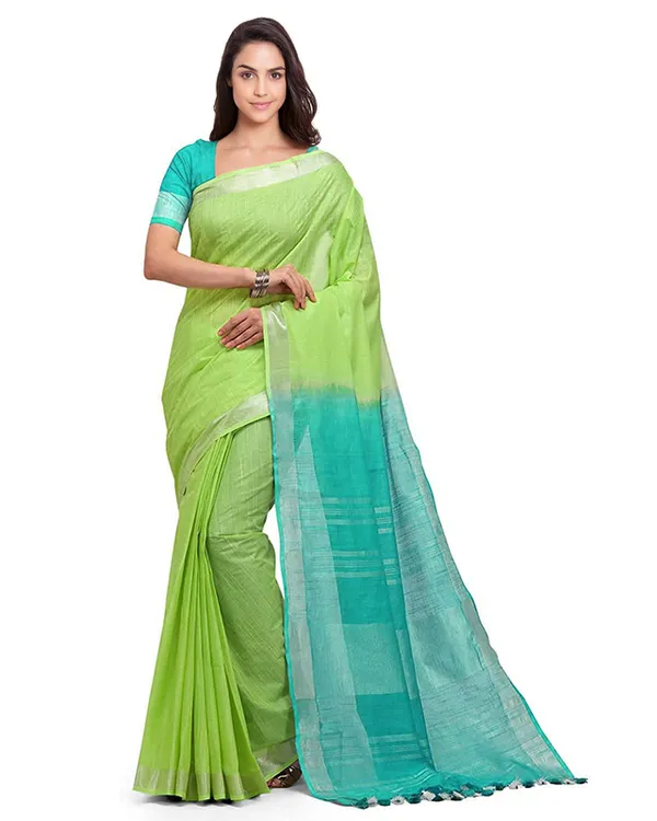 Green_&_Turquoise_women's_Bhagalpuri_Handloom_Pure_Cotton_Two_Dye_Saree_With_Running_Unstitched_Blouse_Piece