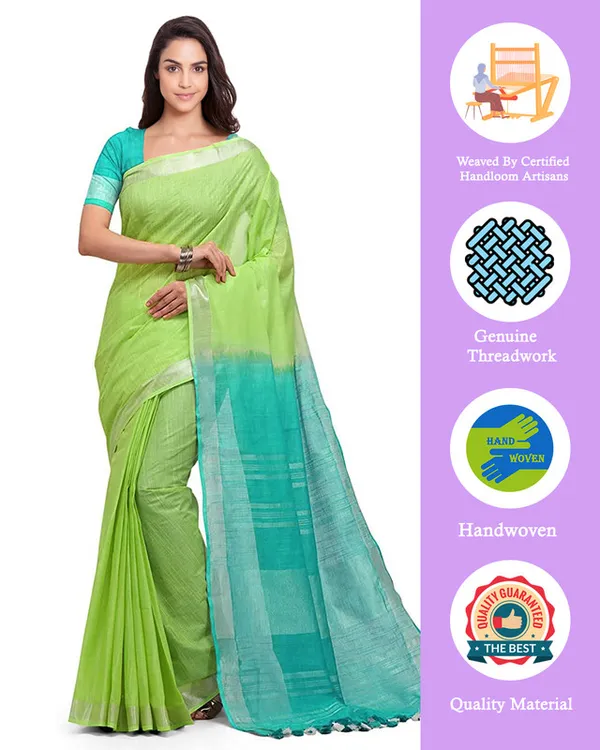 Green_&_Turquoise_women's_Bhagalpuri_Handloom_Pure_Cotton_Two_Dye_Saree_With_Running_Unstitched_Blouse_Piece