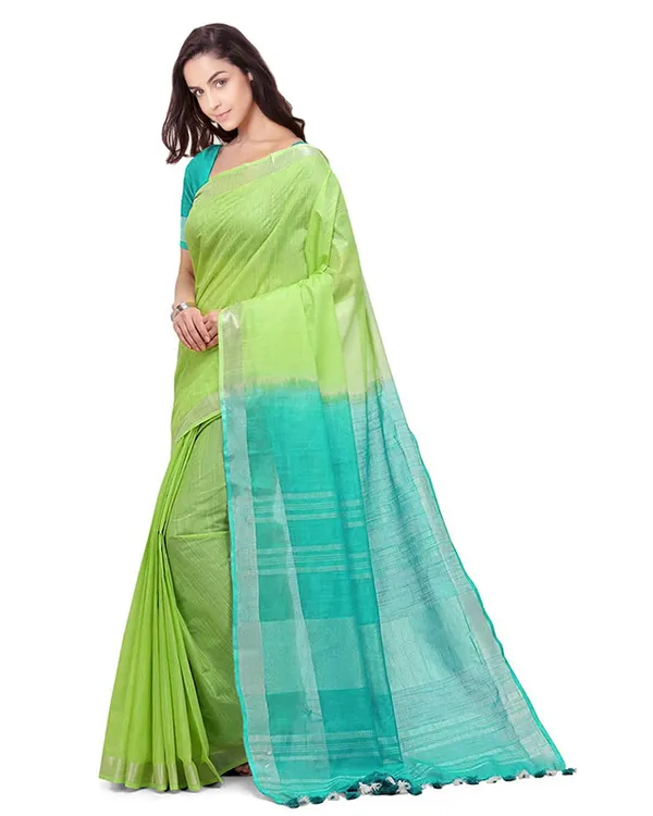 Green_&_Turquoise_women's_Bhagalpuri_Handloom_Pure_Cotton_Two_Dye_Saree_With_Running_Unstitched_Blouse_Piece