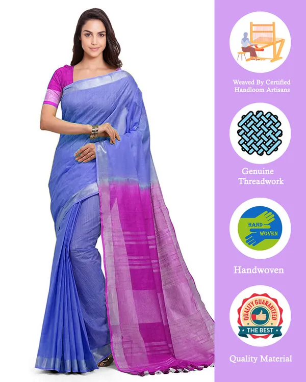 Iiris_Blue_&_Wild_Strawberry_women's_Bhagalpuri_Handloom_Pure_Cotton_Two_Dye_Saree_With_Running_Unstitched_Blouse_Piece