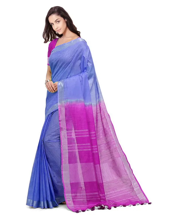 Iiris_Blue_&_Wild_Strawberry_women's_Bhagalpuri_Handloom_Pure_Cotton_Two_Dye_Saree_With_Running_Unstitched_Blouse_Piece