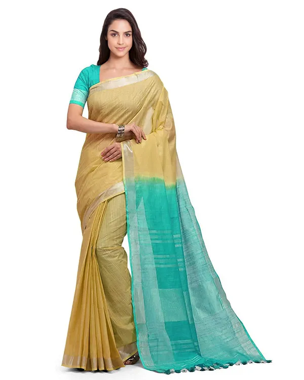 Jasmine_Tan_&_Turquoise_women's_Bhagalpuri_Handloom_Pure_Cotton_Two_Dye_Saree_With_Running_Unstitched_Blouse_Piece