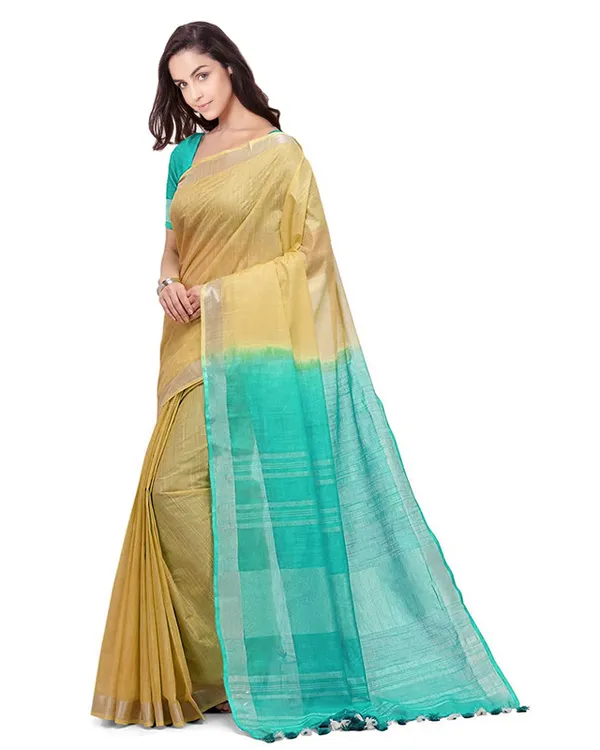 Jasmine_Tan_&_Turquoise_women's_Bhagalpuri_Handloom_Pure_Cotton_Two_Dye_Saree_With_Running_Unstitched_Blouse_Piece