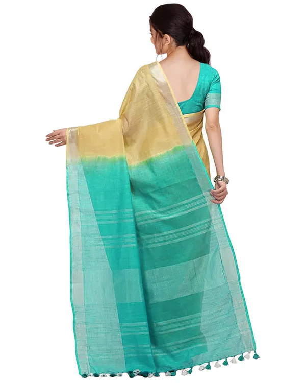 Jasmine_Tan_&_Turquoise_women's_Bhagalpuri_Handloom_Pure_Cotton_Two_Dye_Saree_With_Running_Unstitched_Blouse_Piece