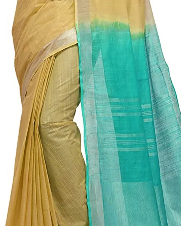 Jasmine_Tan_&_Turquoise_women's_Bhagalpuri_Handloom_Pure_Cotton_Two_Dye_Saree_With_Running_Unstitched_Blouse_Piece