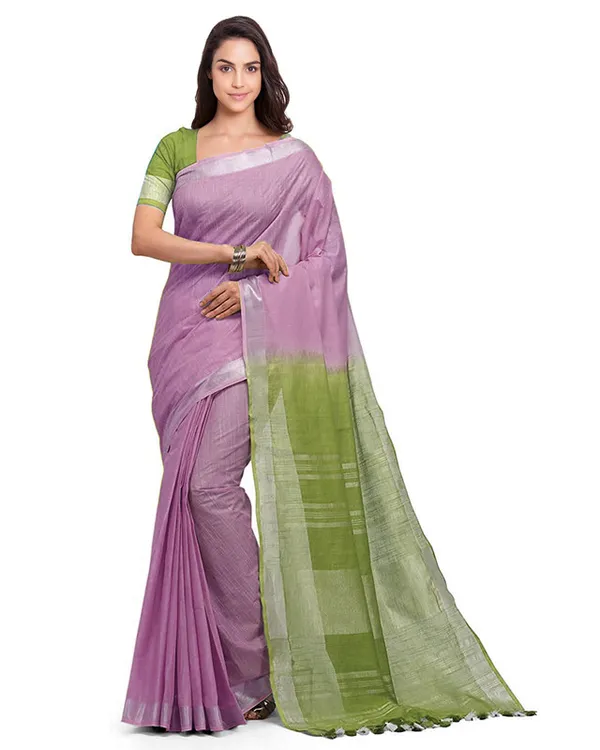 Mauve_Purple_&_Moss_Green_women's_Bhagalpuri_Handloom_Pure_Cotton_Two_Dye_Saree_With_Running_Unstitched_Blouse_Piece