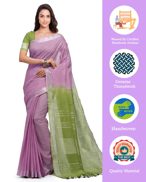 Mauve_Purple_&_Moss_Green_women's_Bhagalpuri_Handloom_Pure_Cotton_Two_Dye_Saree_With_Running_Unstitched_Blouse_Piece