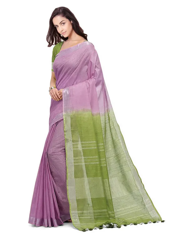 Mauve_Purple_&_Moss_Green_women's_Bhagalpuri_Handloom_Pure_Cotton_Two_Dye_Saree_With_Running_Unstitched_Blouse_Piece