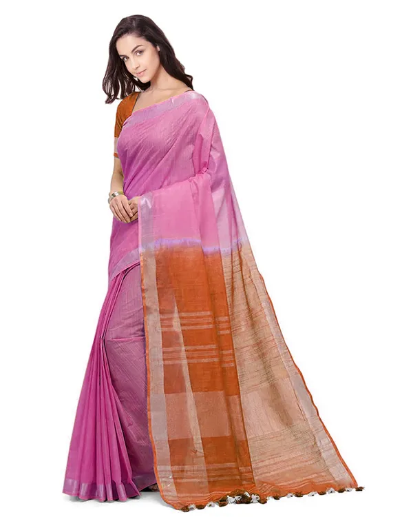 Neon_Pink_&_Mohangni_Orange_women's_Bhagalpuri_Handloom_Pure_Cotton_Two_Dye_Saree_With_Running_Unstitched_Blouse_Piece
