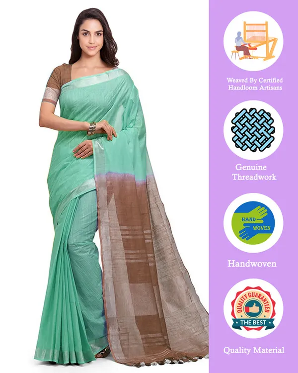Aquamarine_Turquoise_&_Brown_women's_Bhagalpuri_Handloom_Pure_Cotton_Two_Dye_Saree_With_Running_Unstitched_Blouse_Piece