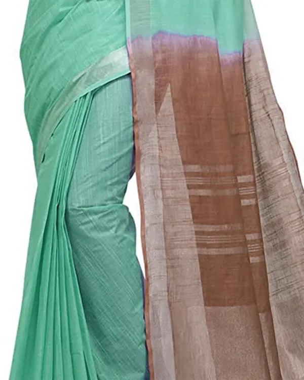 Aquamarine_Turquoise_&_Brown_women's_Bhagalpuri_Handloom_Pure_Cotton_Two_Dye_Saree_With_Running_Unstitched_Blouse_Piece