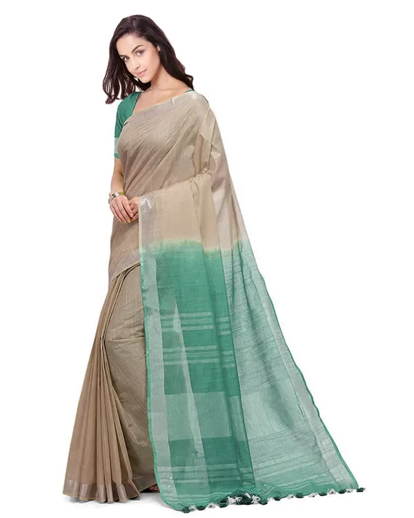 Tan_&_Viridian_Green_women's_Bhagalpuri_Handloom_Pure_Cotton_Two_Dye_Saree_With_Running_Unstitched_Blouse_Piece