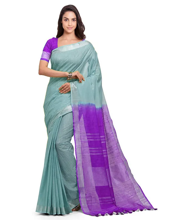 Tifaany_Blue_&_French_Violet_women's_Bhagalpuri_Handloom_Pure_Cotton_Two_Dye_Saree_With_Running_Unstitched_Blouse_Piece