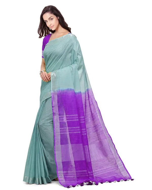 Tifaany_Blue_&_French_Violet_women's_Bhagalpuri_Handloom_Pure_Cotton_Two_Dye_Saree_With_Running_Unstitched_Blouse_Piece