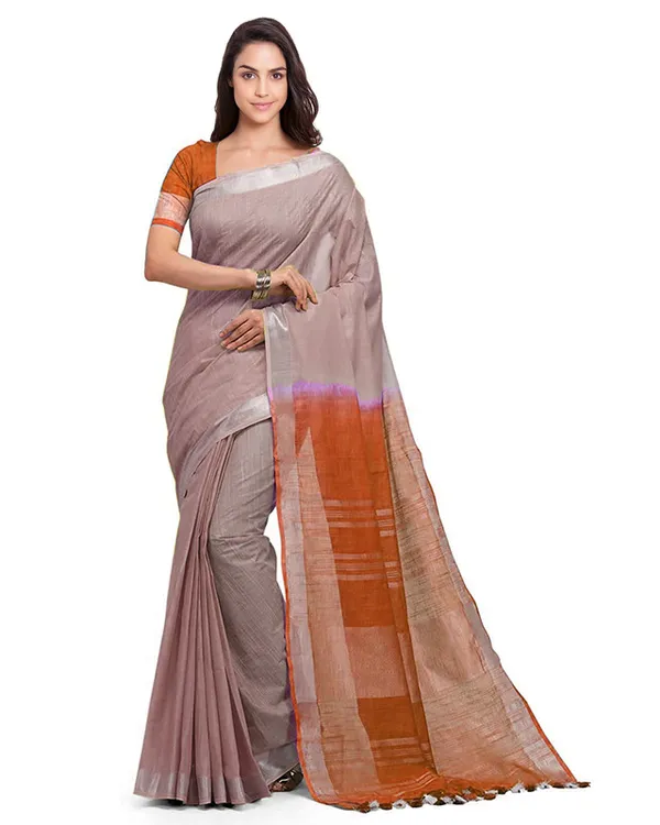 Whiskey_Tan_&_Mohangni_Orange_women's_Bhagalpuri_Handloom_Pure_Cotton_Two_Dye_Saree_With_Running_Unstitched_Blouse_Piece