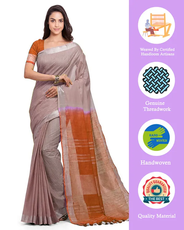 Whiskey_Tan_&_Mohangni_Orange_women's_Bhagalpuri_Handloom_Pure_Cotton_Two_Dye_Saree_With_Running_Unstitched_Blouse_Piece