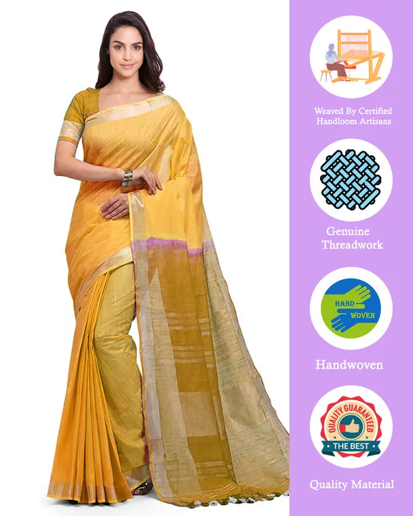 Yellow_&_Golden_Brown_women's_Bhagalpuri_Handloom_Pure_Cotton_Two_Dye_Saree_With_Running_Unstitched_Blouse_Piece