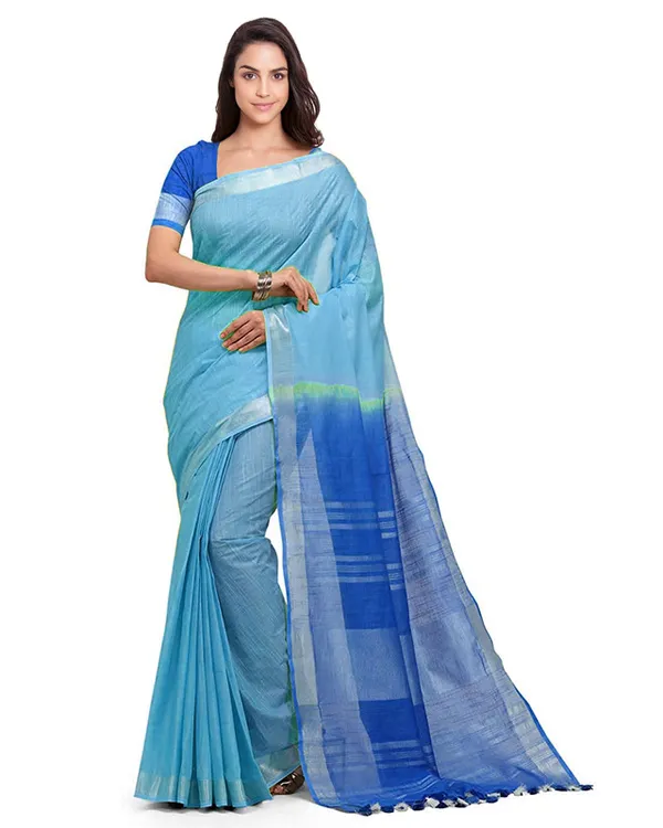 Electric_Blue_&_Azure_Cyan_women's_Handloom_Bhagalpuri_Linen_Blend_Two_Dye_Saree_With_Running_Unstitched_Blouse_Piece