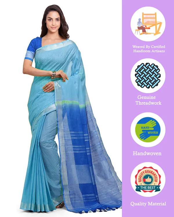 Electric_Blue_&_Azure_Cyan_women's_Handloom_Bhagalpuri_Linen_Blend_Two_Dye_Saree_With_Running_Unstitched_Blouse_Piece