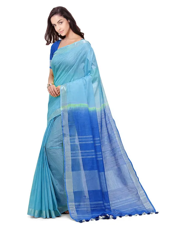Electric_Blue_&_Azure_Cyan_women's_Handloom_Bhagalpuri_Linen_Blend_Two_Dye_Saree_With_Running_Unstitched_Blouse_Piece