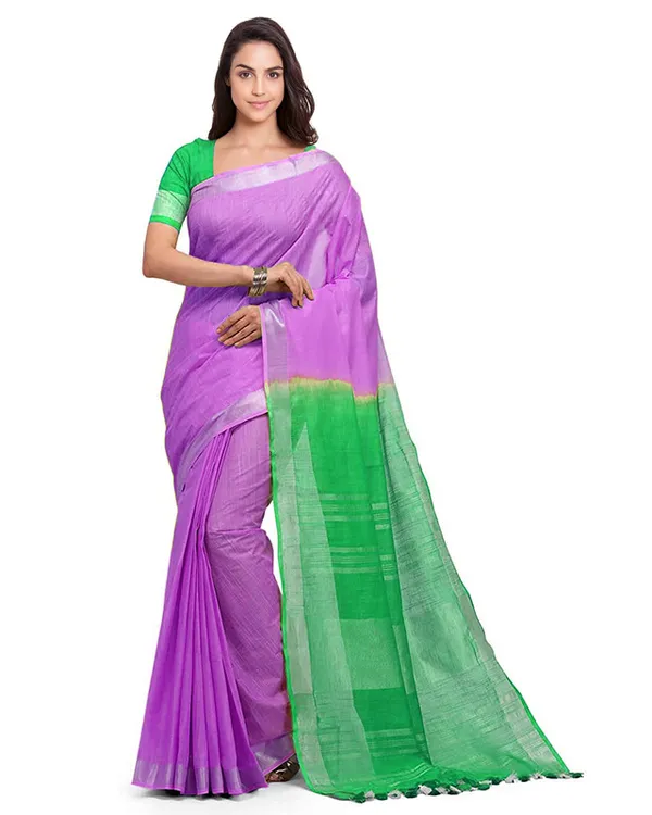 Fuchsia_Pink_&_Honerdew_Green_women's_Handloom_Bhagalpuri_Linen_Blend_Two_Dye_Saree_With_Running_Unstitched_Blouse_Piece