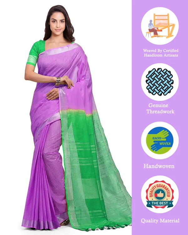 Fuchsia_Pink_&_Honerdew_Green_women's_Handloom_Bhagalpuri_Linen_Blend_Two_Dye_Saree_With_Running_Unstitched_Blouse_Piece