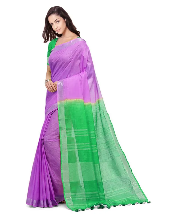 Fuchsia_Pink_&_Honerdew_Green_women's_Handloom_Bhagalpuri_Linen_Blend_Two_Dye_Saree_With_Running_Unstitched_Blouse_Piece