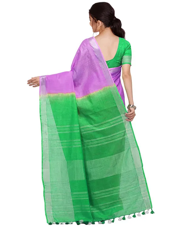 Fuchsia_Pink_&_Honerdew_Green_women's_Handloom_Bhagalpuri_Linen_Blend_Two_Dye_Saree_With_Running_Unstitched_Blouse_Piece