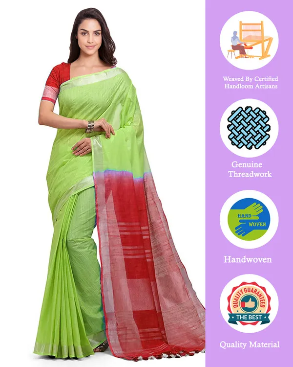 Lawn_Green_&_Red_women's_Handloom_Bhagalpuri_Linen_Blend_Two_Dye_Saree_With_Running_Unstitched_Blouse_Piece
