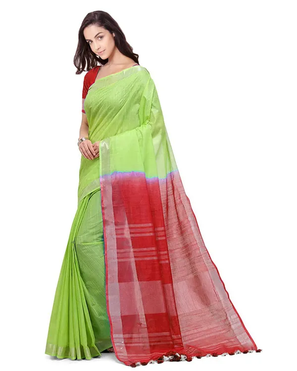 Lawn_Green_&_Red_women's_Handloom_Bhagalpuri_Linen_Blend_Two_Dye_Saree_With_Running_Unstitched_Blouse_Piece