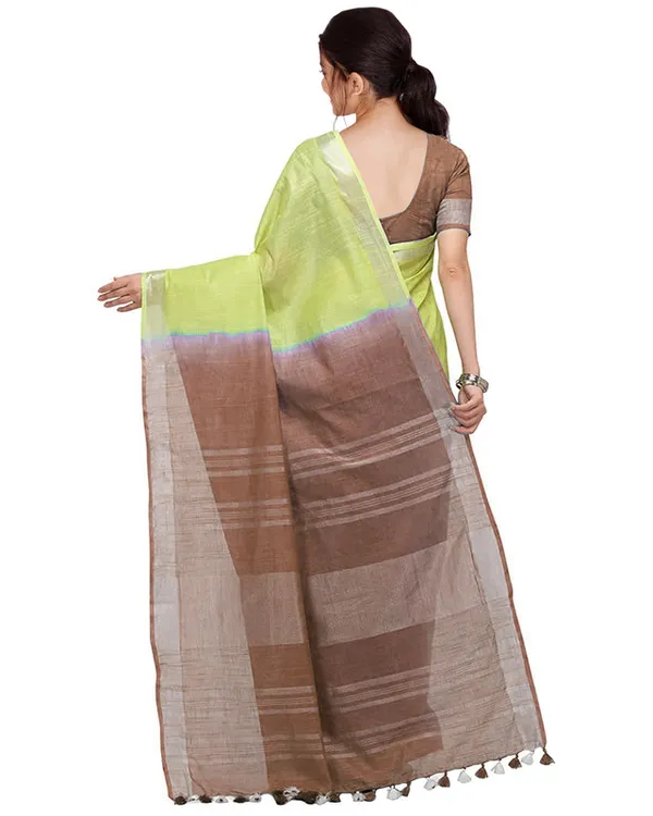 Lime_Green_&_Brown_women's_Handloom_Bhagalpuri_Linen_Blend_Two_Dye_Saree_With_Running_Unstitched_Blouse_Piece