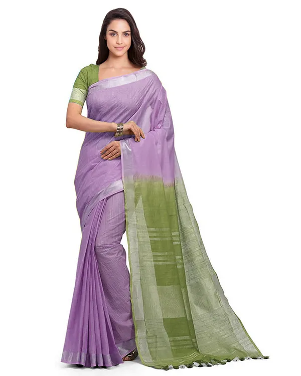 Mauve_Purple_&_Dark_Moss_women's_Handloom_Bhagalpuri_Linen_Blend_Two_Dye_Saree_With_Running_Unstitched_Blouse_Piece