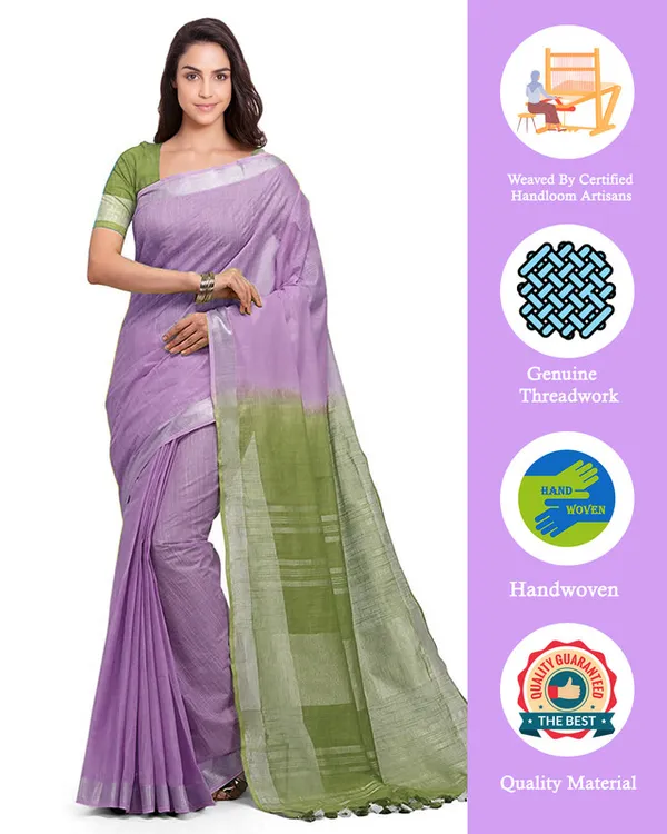 Mauve_Purple_&_Dark_Moss_women's_Handloom_Bhagalpuri_Linen_Blend_Two_Dye_Saree_With_Running_Unstitched_Blouse_Piece