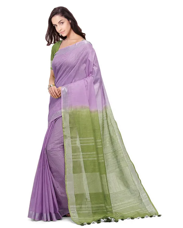 Mauve_Purple_&_Dark_Moss_women's_Handloom_Bhagalpuri_Linen_Blend_Two_Dye_Saree_With_Running_Unstitched_Blouse_Piece